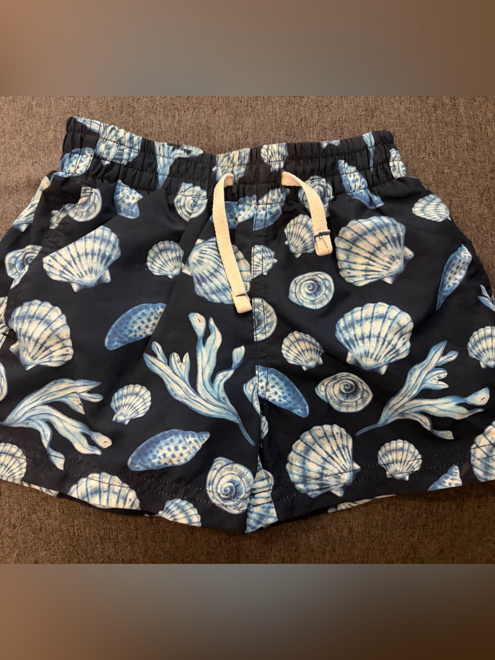 Pink Chicken/Blue Rooster Navy Blue Shell Print Swim Shorts